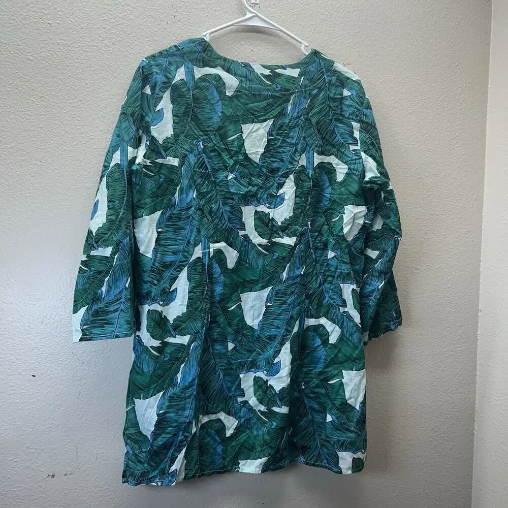 Kikisol Palm Leaves Tunic Top V‎ Neck Swim Cover Resort Wear Medium 100% Cotton